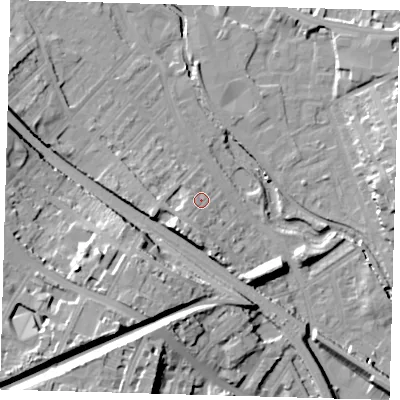 Shaded relief map of the ground around SE84JE, computed from Environment Agency LiDAR. The ground here sits at about 9 m above sea level and falls 25 m across the surrounding 800 m. Surface water reaching this point runs off ground lying to the south-west, 5.8 m higher.