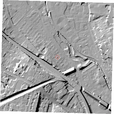 Shaded relief map of the ground around SE84JF, computed from Environment Agency LiDAR. The ground here sits at about 8 m above sea level and falls 26 m across the surrounding 800 m. Surface water reaching this point runs off ground lying to the west-south-west, 8.8 m higher.