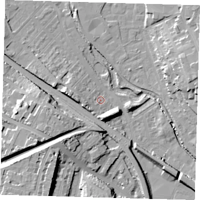 Shaded relief map of the ground around SE84JG, computed from Environment Agency LiDAR. The ground here sits at about 7 m above sea level and falls 27 m across the surrounding 800 m. Surface water reaching this point runs off ground lying to the west-south-west, 8.4 m higher.