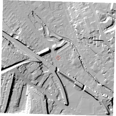 Shaded relief map of the ground around SE84JH, computed from Environment Agency LiDAR. The ground here sits at about 5 m above sea level and falls 27 m across the surrounding 800 m. Surface water reaching this point runs off ground lying to the south-west, 26.2 m higher.