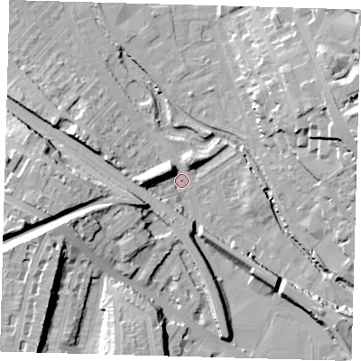 Shaded relief map of the ground around SE84JJ, computed from Environment Agency LiDAR. The ground here sits at about 5 m above sea level and falls 28 m across the surrounding 800 m. Surface water reaching this point runs off ground lying to the east-north-east, 17.4 m higher.