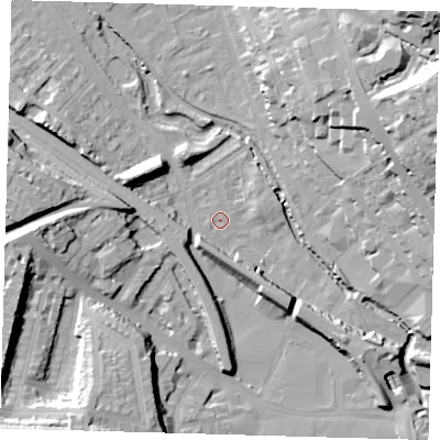 Shaded relief map of the ground around SE84JL, computed from Environment Agency LiDAR. The ground here sits at about 5 m above sea level and falls 28 m across the surrounding 800 m. Surface water reaching this point runs off ground lying to the east-north-east, 26.5 m higher.