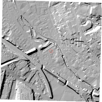 Shaded relief map of the ground around SE84JN, computed from Environment Agency LiDAR. The ground here sits at about 5 m above sea level and falls 29 m across the surrounding 800 m. Surface water reaching this point runs off ground lying to the east-north-east, 28.1 m higher.