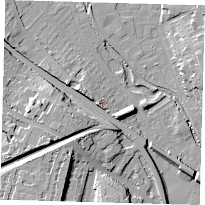 Shaded relief map of the ground around SE84JQ, computed from Environment Agency LiDAR. The ground here sits at about 12 m above sea level and falls 28 m across the surrounding 800 m. Surface water reaching this point runs off ground lying to the south-west, 3.9 m higher.