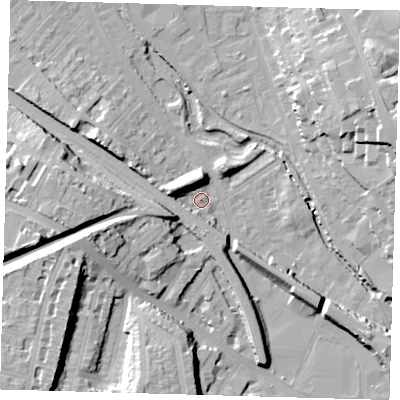 Shaded relief map of the ground around SE84JR, computed from Environment Agency LiDAR. The ground here sits at about 7 m above sea level and falls 29 m across the surrounding 800 m. Surface water reaching this point runs off ground lying to the north-west, 11.0 m higher.