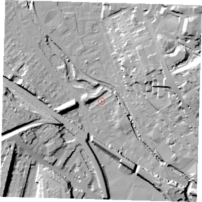Shaded relief map of the ground around SE84JW, computed from Environment Agency LiDAR. The ground here sits at about 5 m above sea level and falls 28 m across the surrounding 800 m. Surface water reaching this point runs off ground lying to the east-north-east, 26.7 m higher.