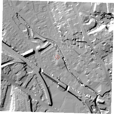 Shaded relief map of the ground around SE84LA, computed from Environment Agency LiDAR. The ground here sits at about 7 m above sea level and falls 35 m across the surrounding 800 m. Surface water reaching this point runs off ground lying to the north-north-east, 2.0 m higher.