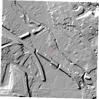 Shaded relief map of the ground around SE84LB, computed from Environment Agency LiDAR. The ground here sits at about 5 m above sea level and falls 36 m across the surrounding 800 m. Surface water reaching this point runs off ground lying to the east-north-east, 32.3 m higher.