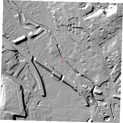 Shaded relief map of the ground around SE84LF, computed from Environment Agency LiDAR. The ground here sits at about 6 m above sea level and falls 40 m across the surrounding 800 m. Surface water reaching this point runs off ground lying to the north-east, 32.3 m higher.