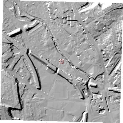 Shaded relief map of the ground around SE84LG, computed from Environment Agency LiDAR. The ground here sits at about 6 m above sea level and falls 40 m across the surrounding 800 m. Surface water reaching this point runs off ground lying to the north-east, 37.2 m higher.