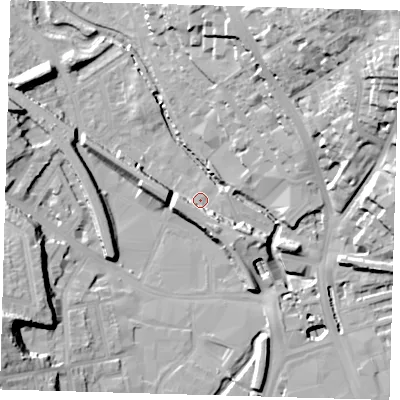 Shaded relief map of the ground around SE84LH, computed from Environment Agency LiDAR. The ground here sits at about 7 m above sea level and falls 37 m across the surrounding 800 m. Surface water reaching this point runs off ground lying to the north-east, 33.7 m higher.