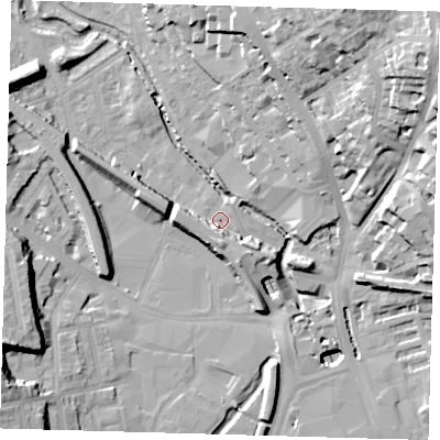 Shaded relief map of the ground around SE84LJ, computed from Environment Agency LiDAR. The ground here sits at about 7 m above sea level and falls 39 m across the surrounding 800 m. Surface water reaching this point runs off ground lying to the north-east, 36.3 m higher.
