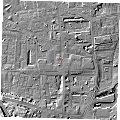 Shaded relief map of the ground around SE84NS, computed from Environment Agency LiDAR. The ground here sits at about 6 m above sea level and falls 52 m across the surrounding 800 m. Surface water reaching this point runs off ground lying to the south-east, 1.1 m higher.