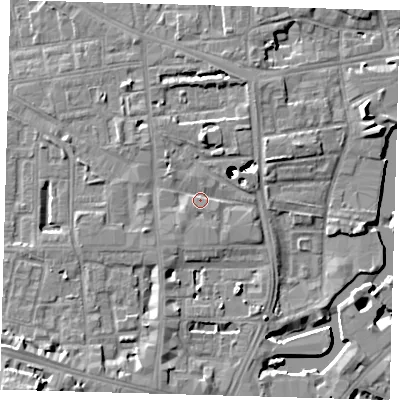 Shaded relief map of the ground around SE84NT, computed from Environment Agency LiDAR. The ground here sits at about 6 m above sea level and falls 49 m across the surrounding 800 m. Surface water reaching this point runs off ground lying to the west-south-west, 2.1 m higher.