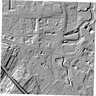 Shaded relief map of the ground around SE84PA, computed from Environment Agency LiDAR. The ground here sits at about 6 m above sea level and falls 21 m across the surrounding 800 m. Surface water reaching this point runs off ground lying to the west, 1.6 m higher.