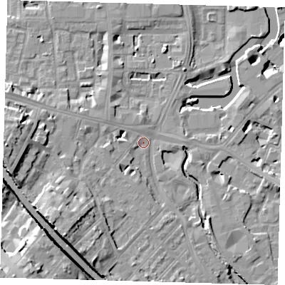 Shaded relief map of the ground around SE84PQ, computed from Environment Agency LiDAR. The ground here sits at about 5 m above sea level and falls 26 m across the surrounding 800 m. Surface water reaching this point runs off ground lying to the south-west, 14.7 m higher.