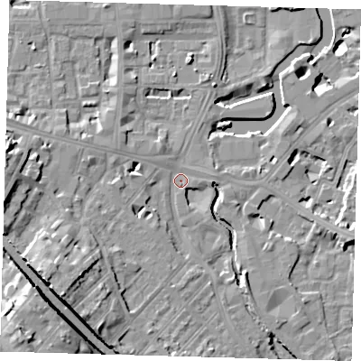 Shaded relief map of the ground around SE84QN, computed from Environment Agency LiDAR. The ground here sits at about 5 m above sea level and falls 26 m across the surrounding 800 m. Surface water reaching this point runs off ground lying to the south-west, 14.7 m higher.