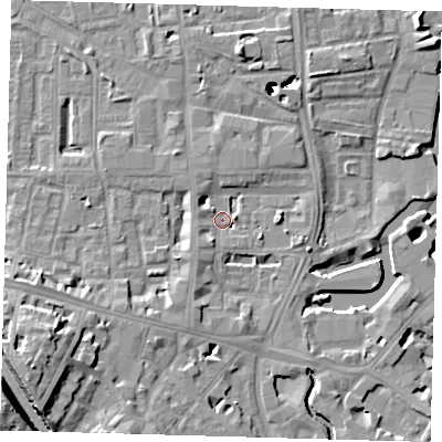 Shaded relief map of the ground around SE84RB, computed from Environment Agency LiDAR. The ground here sits at about 5 m above sea level and falls 54 m across the surrounding 800 m. Surface water reaching this point runs off ground lying to the east, 4.3 m higher.