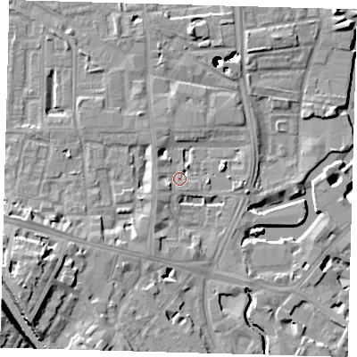 Shaded relief map of the ground around SE84RD, computed from Environment Agency LiDAR. The ground here sits at about 5 m above sea level and falls 54 m across the surrounding 800 m. Surface water reaching this point runs off ground lying to the east-north-east, 4.3 m higher.