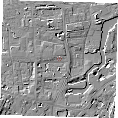 Shaded relief map of the ground around SE84RJ, computed from Environment Agency LiDAR. The ground here sits at about 5 m above sea level and falls 49 m across the surrounding 800 m. Surface water reaching this point runs off ground lying to the south, 4.3 m higher.