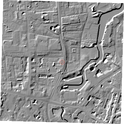 Shaded relief map of the ground around SE84RL, computed from Environment Agency LiDAR. The ground here sits at about 6 m above sea level and falls 45 m across the surrounding 800 m. Surface water reaching this point runs off ground lying to the west-south-west, 4.3 m higher.