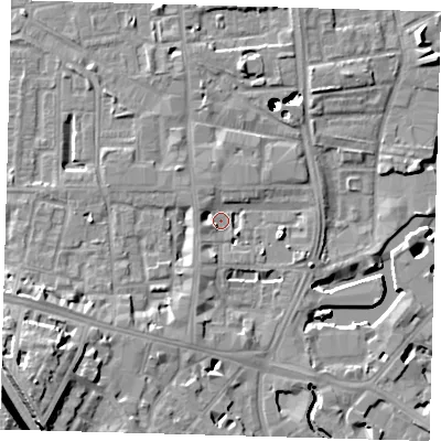 Shaded relief map of the ground around SE84RN, computed from Environment Agency LiDAR. The ground here sits at about 5 m above sea level and falls 54 m across the surrounding 800 m. Surface water reaching this point runs off ground lying to the east-south-east, 4.3 m higher.
