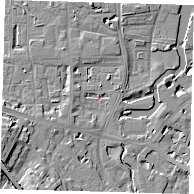 Shaded relief map of the ground around SE84RS, computed from Environment Agency LiDAR. The ground here sits at about 4 m above sea level and falls 51 m across the surrounding 800 m. Surface water reaching this point runs off ground lying to the south-west, 3.4 m higher.