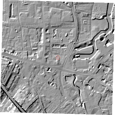 Shaded relief map of the ground around SE84RU, computed from Environment Agency LiDAR. The ground here sits at about 5 m above sea level and falls 54 m across the surrounding 800 m. Surface water reaching this point runs off ground lying to the south-south-west, 14.7 m higher.