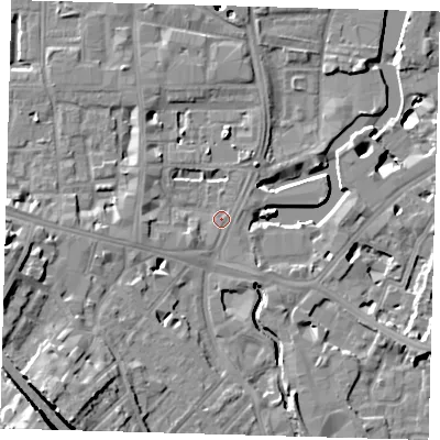 Shaded relief map of the ground around SE84RX, computed from Environment Agency LiDAR. The ground here sits at about 6 m above sea level and falls 54 m across the surrounding 800 m. Surface water reaching this point runs off ground lying to the south-west, 14.7 m higher.