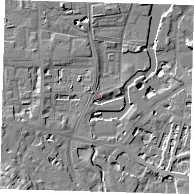 Shaded relief map of the ground around SE84RZ, computed from Environment Agency LiDAR. The ground here sits at about 5 m above sea level and falls 50 m across the surrounding 800 m. Surface water reaching this point runs off ground lying to the north-west, 4.0 m higher.