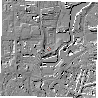 Shaded relief map of the ground around SE84SA, computed from Environment Agency LiDAR. The ground here sits at about 4 m above sea level and falls 47 m across the surrounding 800 m. Surface water reaching this point runs off ground lying to the east-south-east, 2.0 m higher.
