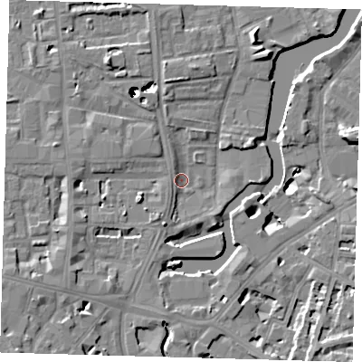 Shaded relief map of the ground around SE84SB, computed from Environment Agency LiDAR. The ground here sits at about 4 m above sea level and falls 44 m across the surrounding 800 m. Surface water reaching this point runs off ground lying to the south-south-west, 2.7 m higher.