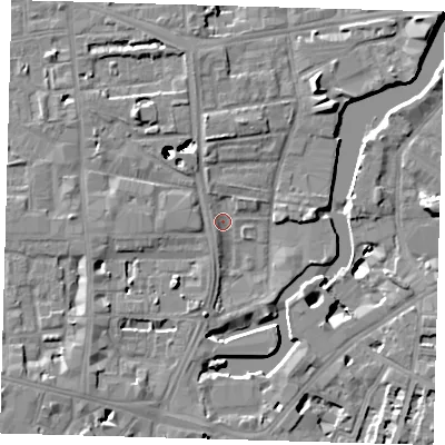 Shaded relief map of the ground around SE84SD, computed from Environment Agency LiDAR. The ground here sits at about 4 m above sea level and falls 43 m across the surrounding 800 m. Surface water reaching this point runs off ground lying to the south, 2.7 m higher.