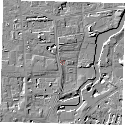 Shaded relief map of the ground around SE84SE, computed from Environment Agency LiDAR. The ground here sits at about 4 m above sea level and falls 43 m across the surrounding 800 m. Surface water reaching this point runs off ground lying to the north-west, 42.6 m higher.