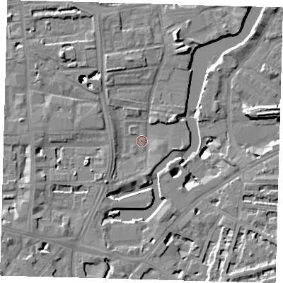 Shaded relief map of the ground around SE84SG, computed from Environment Agency LiDAR. The ground here sits at about 3 m above sea level and falls 43 m across the surrounding 800 m. Surface water reaching this point runs off ground lying to the south-west, 2.7 m higher.