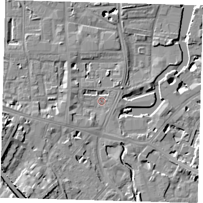 Shaded relief map of the ground around SE84SL, computed from Environment Agency LiDAR. The ground here sits at about 5 m above sea level and falls 52 m across the surrounding 800 m. Surface water reaching this point runs off ground lying to the west-south-west, 3.3 m higher.