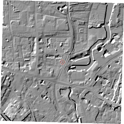 Shaded relief map of the ground around SE84SN, computed from Environment Agency LiDAR. The ground here sits at about 5 m above sea level and falls 52 m across the surrounding 800 m. Surface water reaching this point runs off ground lying to the south-west, 2.2 m higher.