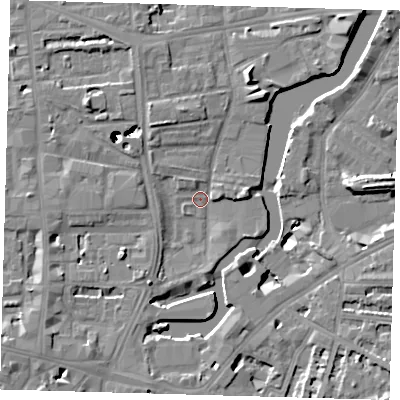 Shaded relief map of the ground around SE84SQ, computed from Environment Agency LiDAR. The ground here sits at about 4 m above sea level and falls 43 m across the surrounding 800 m. Surface water reaching this point runs off ground lying to the north-west, 42.6 m higher.