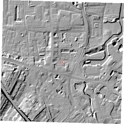 Shaded relief map of the ground around SE84SS, computed from Environment Agency LiDAR. The ground here sits at about 5 m above sea level and falls 54 m across the surrounding 800 m. Surface water reaching this point runs off ground lying to the south-south-west, 14.7 m higher.