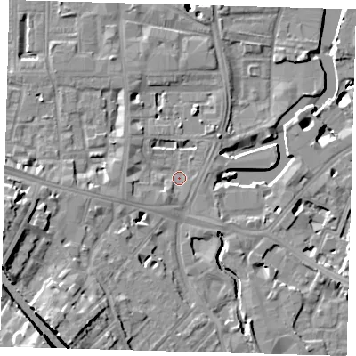 Shaded relief map of the ground around SE84ST, computed from Environment Agency LiDAR. The ground here sits at about 5 m above sea level and falls 54 m across the surrounding 800 m. Surface water reaching this point runs off ground lying to the south-south-west, 14.7 m higher.