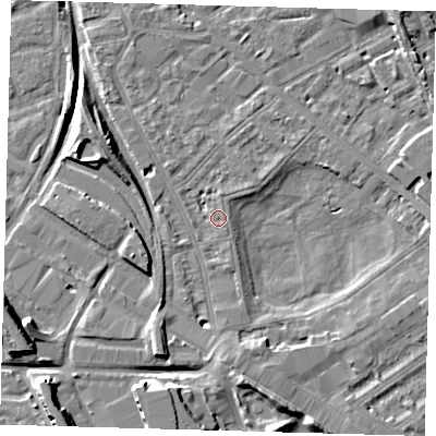Shaded relief map of the ground around SE85AE, computed from Environment Agency LiDAR. The ground here sits at about 2 m above sea level and falls 11 m across the surrounding 800 m. Surface water reaching this point runs off ground lying to the east, 2.5 m higher.