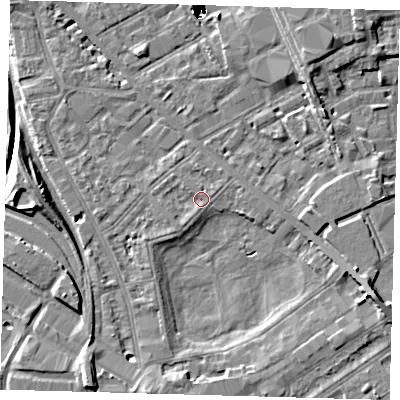 Shaded relief map of the ground around SE85AG, computed from Environment Agency LiDAR. The ground here sits at about 2 m above sea level and falls 46 m across the surrounding 800 m. Surface water reaching this point runs off ground lying to the south-south-west, 2.6 m higher.