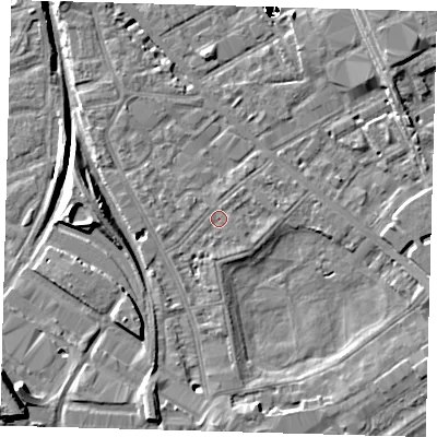 Shaded relief map of the ground around SE85AH, computed from Environment Agency LiDAR. The ground here sits at about 2 m above sea level and falls 48 m across the surrounding 800 m. Surface water reaching this point runs off ground lying to the east-south-east, 1.1 m higher.