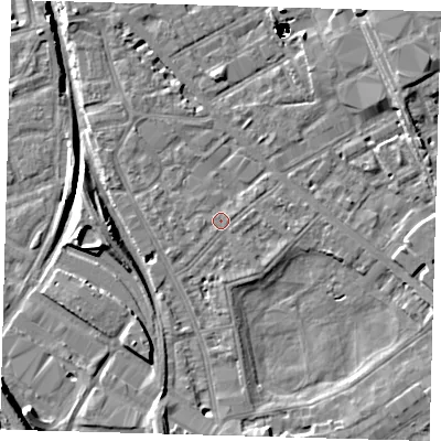Shaded relief map of the ground around SE85AJ, computed from Environment Agency LiDAR. The ground here sits at about 2 m above sea level and falls 48 m across the surrounding 800 m. Surface water reaching this point runs off ground lying to the north-east, 5.5 m higher.