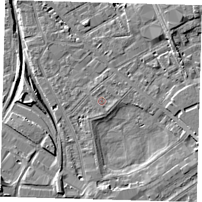 Shaded relief map of the ground around SE85AL, computed from Environment Agency LiDAR. The ground here sits at about 2 m above sea level and falls 48 m across the surrounding 800 m. Surface water reaching this point runs off ground lying to the south-east, 1.1 m higher.