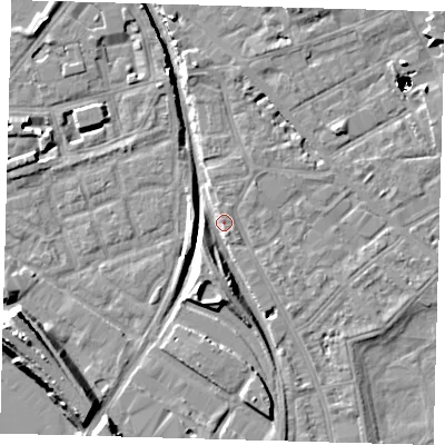 Shaded relief map of the ground around SE85AN, computed from Environment Agency LiDAR. The ground here sits at about 2 m above sea level and falls 51 m across the surrounding 800 m. Surface water reaching this point runs off ground lying to the south, 7.5 m higher.