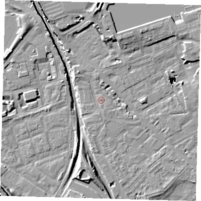 Shaded relief map of the ground around SE85AP, computed from Environment Agency LiDAR. The ground here sits at about 2 m above sea level and falls 50 m across the surrounding 800 m. Surface water reaching this point runs off ground lying to the north-west, 3.0 m higher.