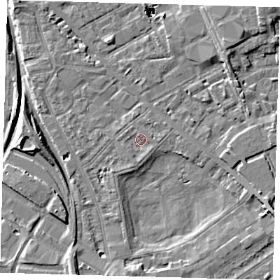 Shaded relief map of the ground around SE85AQ, computed from Environment Agency LiDAR. The ground here sits at about 2 m above sea level and falls 46 m across the surrounding 800 m. Surface water reaching this point runs off ground lying to the south, 1.1 m higher.