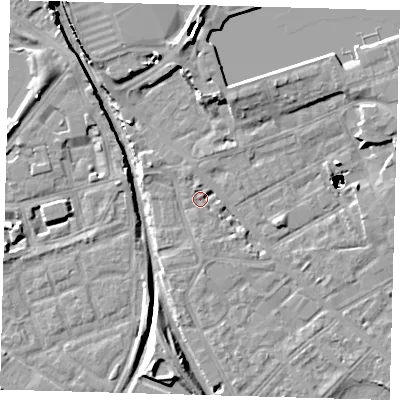 Shaded relief map of the ground around SE85AR, computed from Environment Agency LiDAR. The ground here sits at about 2 m above sea level and falls 48 m across the surrounding 800 m. Surface water reaching this point runs off ground lying to the north, 2.2 m higher.