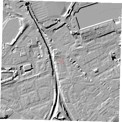 Shaded relief map of the ground around SE85AS, computed from Environment Agency LiDAR. The ground here sits at about 2 m above sea level and falls 48 m across the surrounding 800 m. Surface water reaching this point runs off ground lying to the north-north-west, 2.2 m higher.